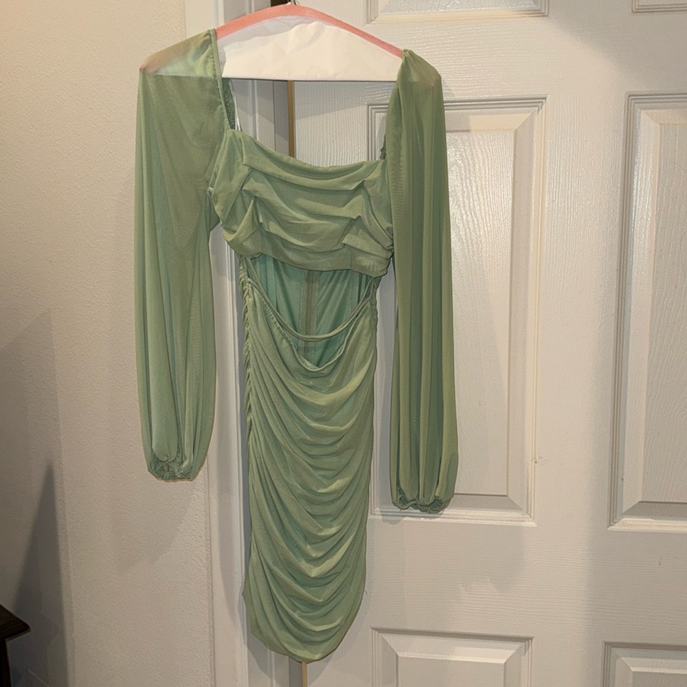 Princess Polly Green/Blue Mini dress with cutout and sheer sleeves, worn once
